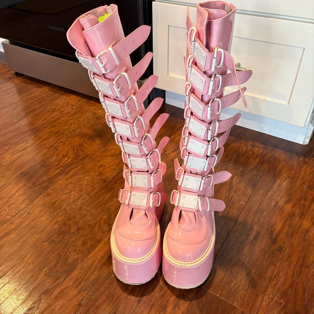 Demonia Pink Platform Buckle Boots - image 3